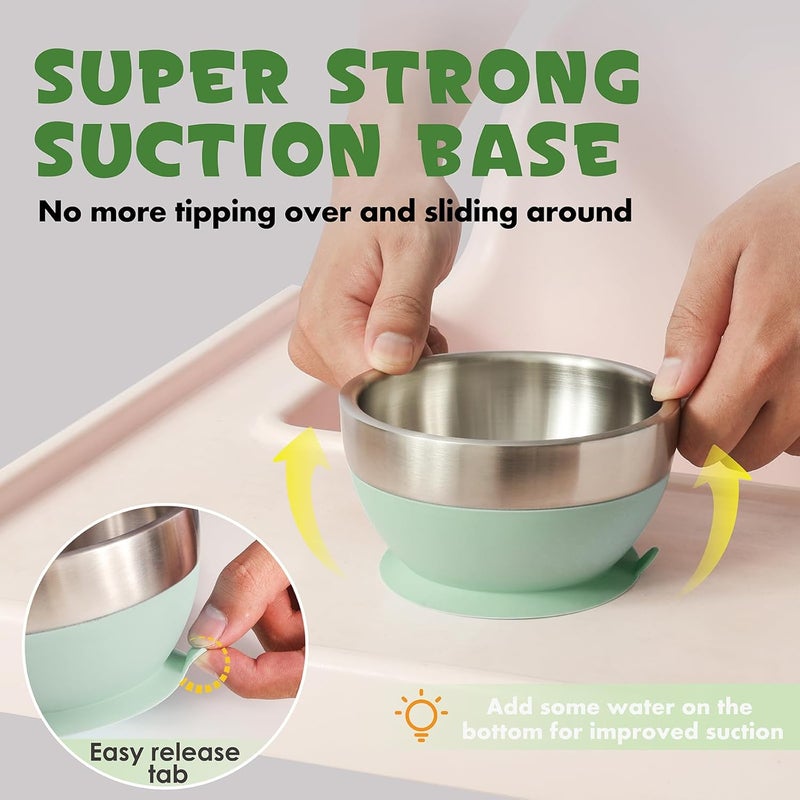 MR. CHOU Baby Suction Bowl Set with Spoon & Fork, Insulated Double-Layer 18/8 Stainless Steel Toddler Bowls with Silicone Suction Cup & BPA Free Airtight Lids, Green - Image 4